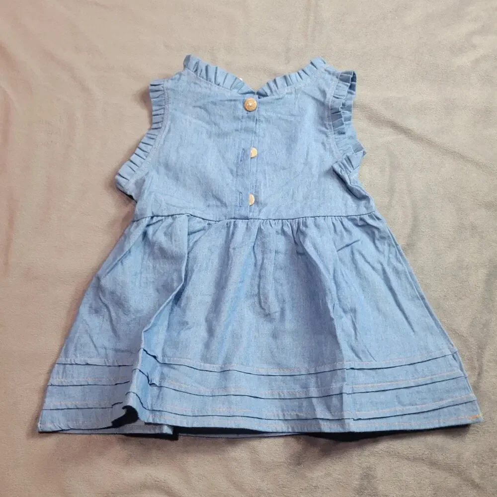 Boutique‎ Dress Girls Blue Pink Embroidered Flowers Chambray Size 18-24 Used